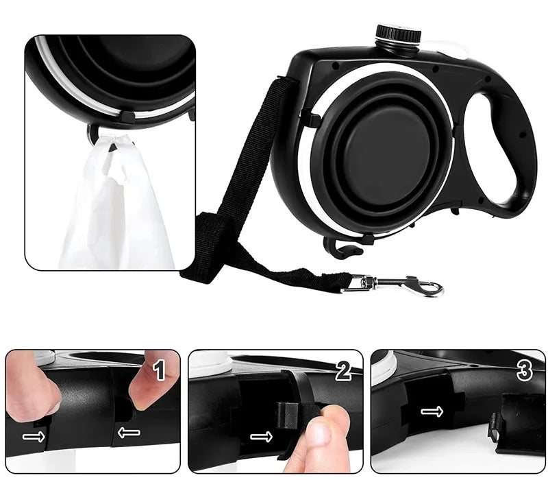 Guinzaglio Multifunzione Cane 5 in 1 con Borraccia, Ciotola e Porta Sacchetti – Accessori per Passeggiate Cani