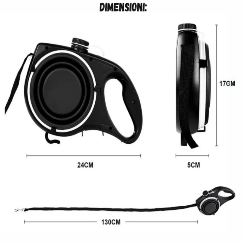 Guinzaglio Multifunzione Cane 5 in 1 con Borraccia, Ciotola e Porta Sacchetti – Accessori per Passeggiate Cani