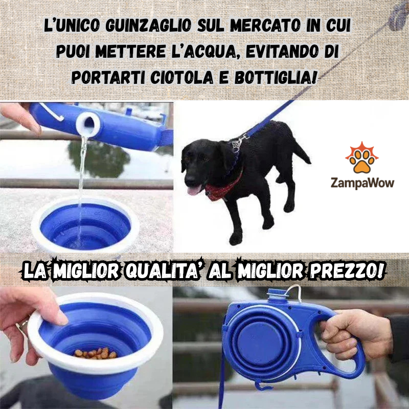 Guinzaglio Multifunzione Cane 5 in 1 con Borraccia, Ciotola e Porta Sacchetti – Accessori per Passeggiate Cani