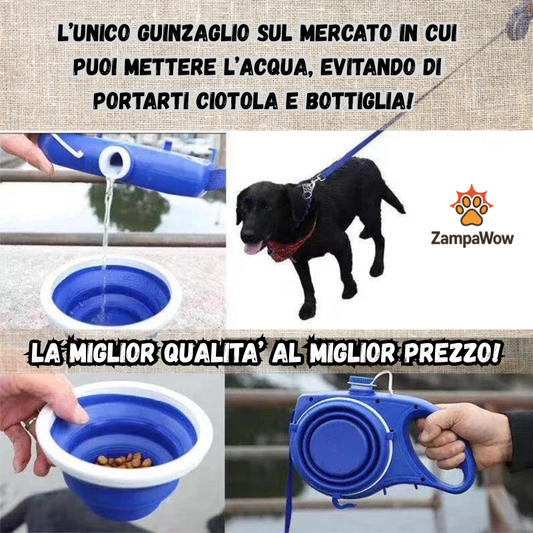 Guinzaglio Multifunzione Cane 5 in 1 con Borraccia, Ciotola e Porta Sacchetti – Accessori per Passeggiate Cani