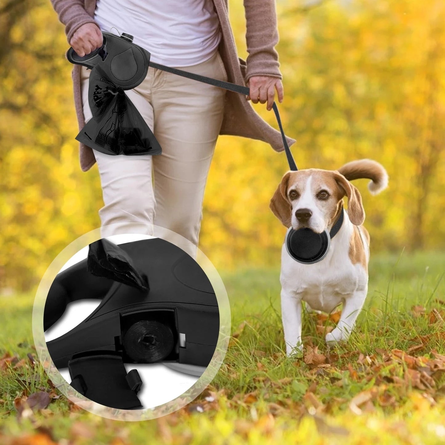 Guinzaglio Multifunzione Cane 5 in 1 con Borraccia, Ciotola e Porta Sacchetti – Accessori per Passeggiate Cani