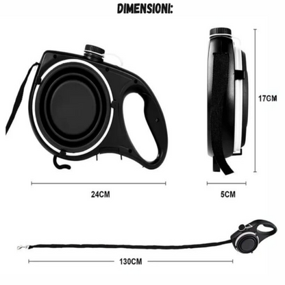 Guinzaglio Multifunzione Cane 5 in 1 con Borraccia, Ciotola e Porta Sacchetti – Accessori per Passeggiate Cani